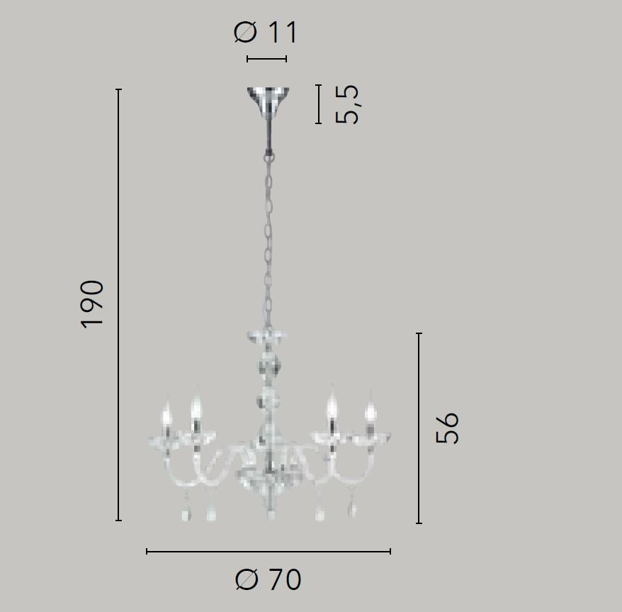 Sospensione 5 luci in cristallo finitura cromo 5XE14 non incl. RIFLESSO Sospensione 5 luci in cristallo finitura cromo 5XE14 non incl. RIFLESSO